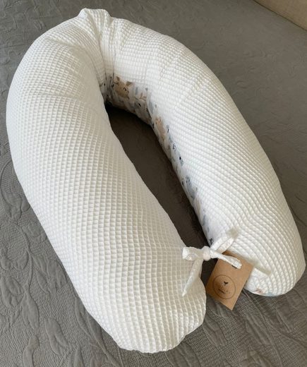 LOOLAY Stillkissen Waffelpique Seitenschläferkissen XXL Schwangerschaftskissen 170 cm Stillkissen + Bezug (Reißverschluss); Attmungsaktive WAFFEL + GLATT Baumwolle WEICH Stillkissen MUSTERN: HASE Beige/ GRAU, MINZE, WEIß, ROS Online