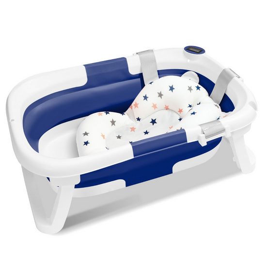 CLANMACY Babybadewanne Baby Badewanne Faltbar Reisebadewanne Silikon mit Kissen blau mehr Weihnachtsangebot