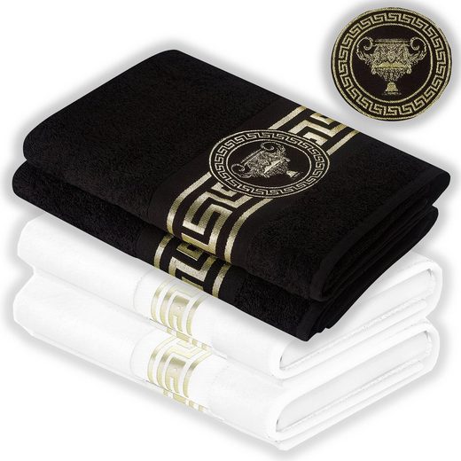 BELLE ARTI Handtücher Gästehandtücher Badetücher Duschtücher Saunatücher Mäander Amphore Set (1-St), schwarz weiss, gold hochwertig eingestickt Baumwolle weich saugstark mehr Sonderangebote