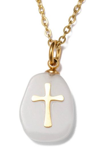 FIRETTI Kette mit Anhänger Schmuck Geschenk, Kreuz Made in Germany - mit Rosenquarz, Quarz oder Amethyst mehr 50% Rabatt für begrenzte Zeit