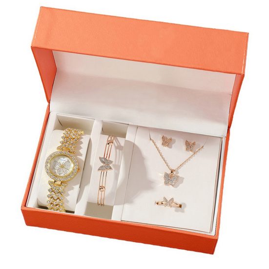 TOFOW Quarzuhr Damenuhr Set Damen Halskette aus Metall Ohrringe (Quarzuhren, Halsketten, Armbänder, zwei Ohrstecker und ein Ring sind modische Accessoires, 5-tlg., Valentinstag Geschenke, Weihnachtsgeschenke), Geeignet für Hoc Große Rabatte