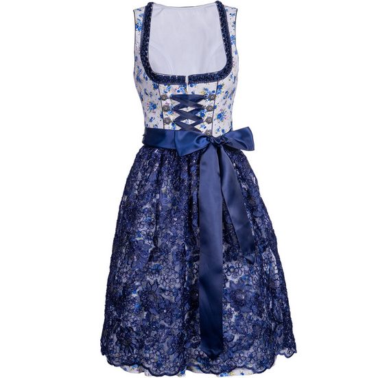 KELLIAR Dirndl Midi Trachtenkleid, ideal für Oktoberfest, Rocklänge 60 cm, Blau Florales Muster, Dekorative Schnürung mehr Flash Sale