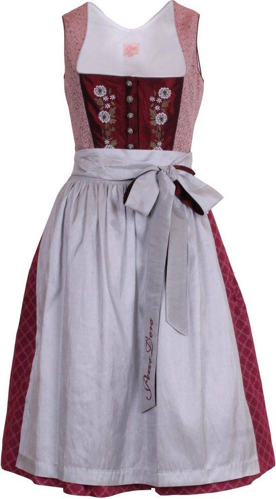 PEZZO D'ORO Dirndl Mididirndl dunkelrot/silbergrau bestickt,Länge 70cm (2-teilig Kleid mit Schürze) Knopfleiste mit verdecktem Zipper mehr Osterangebot