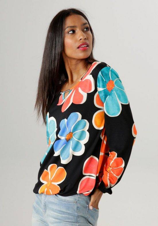 ANISTON SELECTED Langarmshirt mit Cut-out und farbenfrohem Blütendruck mehr Outlet