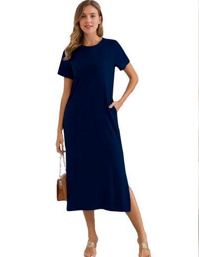 LUCKZON Sommerkleid Damen Maxikleid, geteilt, lässig, T-Shirt-Kleid mit Taschen Rundhalsausschnitt, kurze Ärmel, Sommerkleider mehr Neuheiten