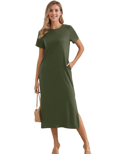 LUCKZON Sommerkleid Damen Maxikleid, geteilt, lässig, T-Shirt-Kleid mit Taschen Rundhalsausschnitt, kurze Ärmel, Sommerkleider mehr Neuheiten