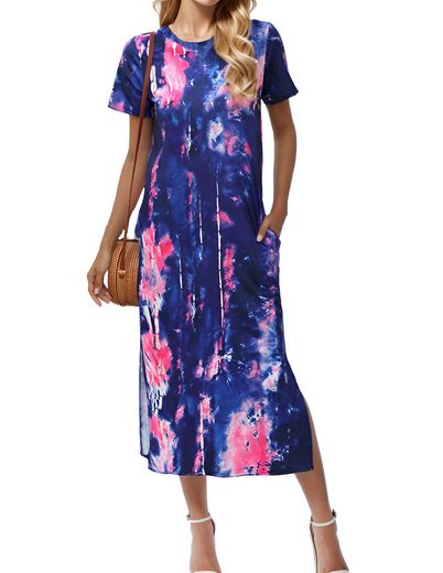 LUCKZON Sommerkleid Damen Maxikleid, geteilt, lässig, T-Shirt-Kleid mit Taschen Rundhalsausschnitt, kurze Ärmel, Sommerkleider mehr Neuheiten
