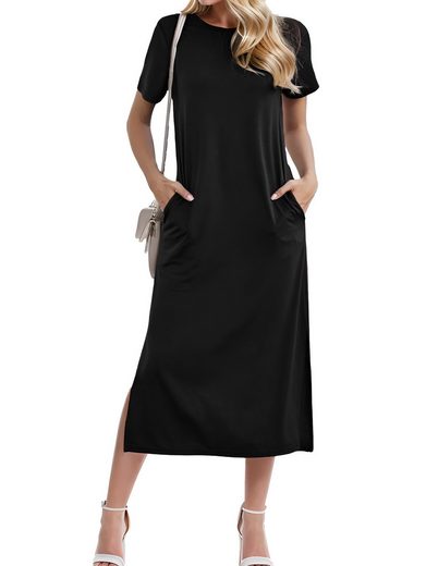 LUCKZON Sommerkleid Damen Maxikleid, geteilt, lässig, T-Shirt-Kleid mit Taschen Rundhalsausschnitt, kurze Ärmel, Sommerkleider mehr Neuheiten