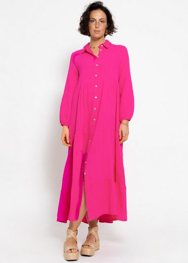 SASSYCLASSY Maxikleid Musselin Maxi Kleid mit Volants Baumwollleid mit Kragen, Knopfleiste und einem Gummizug am Ärmel mehr Begrenzte Freigabe