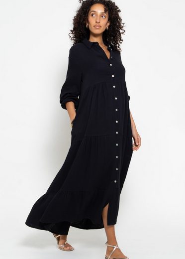 SASSYCLASSY Maxikleid Musselin Maxi Kleid mit Volants Baumwollleid mit Kragen, Knopfleiste und einem Gummizug am Ärmel mehr Begrenzte Freigabe