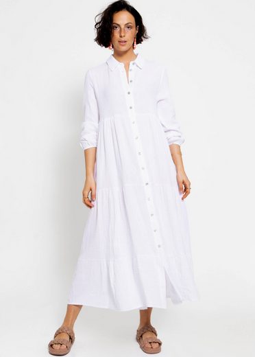 SASSYCLASSY Maxikleid Musselin Maxi Kleid mit Volants Baumwollleid mit Kragen, Knopfleiste und einem Gummizug am Ärmel mehr Begrenzte Freigabe