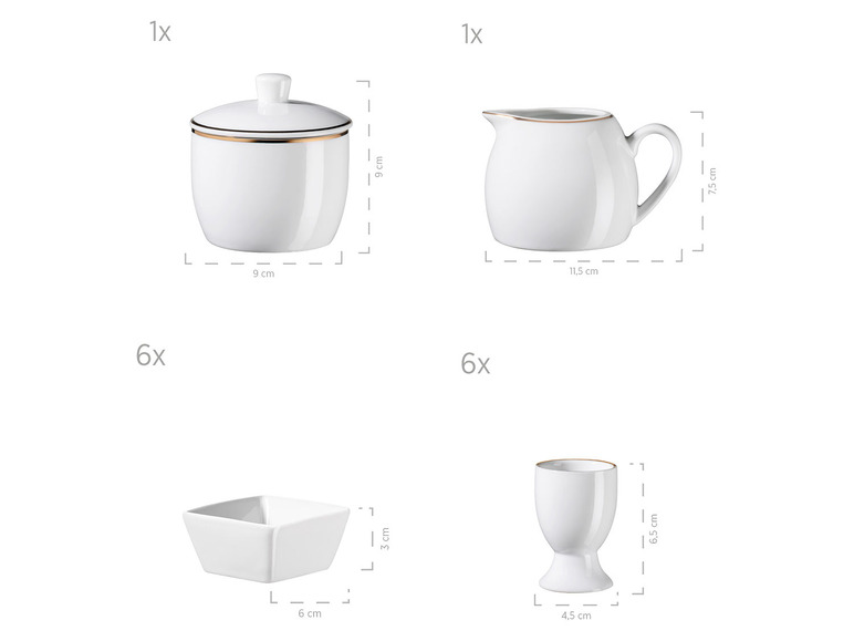 MÄSER Serie Professional Dining, Zubehör Set aus Müslischalen, Eierbechern, Schüsseln, Zuckerdose, Milchkännchen, Dipschälchen und Servierplatten, 24-teilig, Weiß mit Goldrand Outlet
