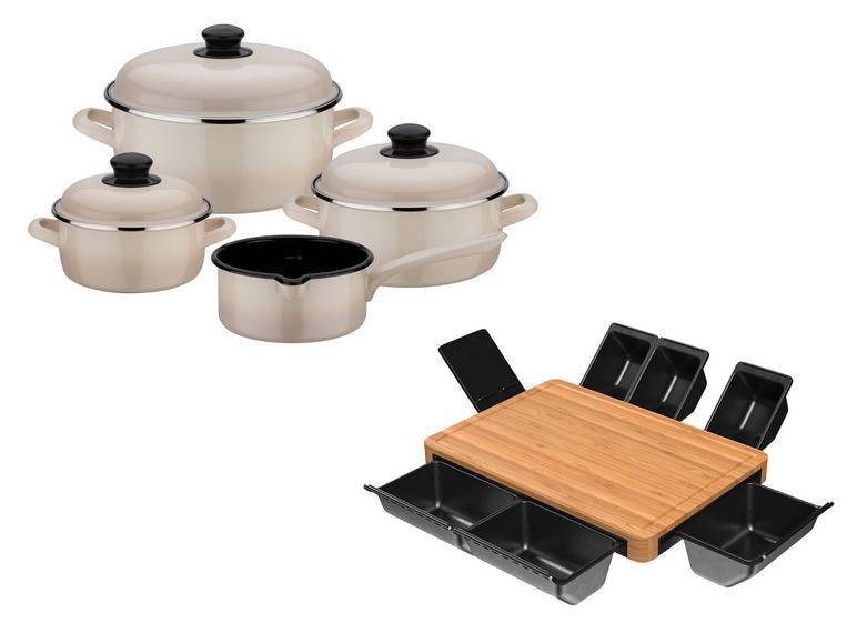 GSW Kochtopf-Set 7tlg. Shadow Stahl-Emaille creme + ERNESTO® Multifunktionales Schneidebrett Sonderangebote