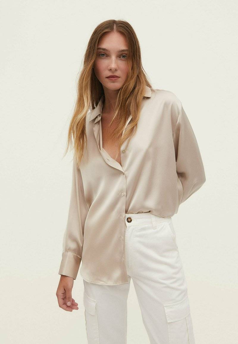 Stradivarius Stradivarius COLLARED - Button-down blouse - stone Bis zu 50% Rabatt