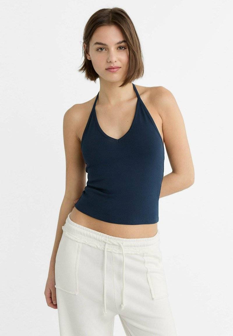 Stradivarius Stradivarius TIED HALTER - Top - dark blue Begrenzt auf 3 Tage