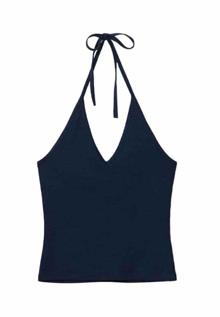 Stradivarius Stradivarius TIED HALTER - Top - dark blue Begrenzt auf 3 Tage