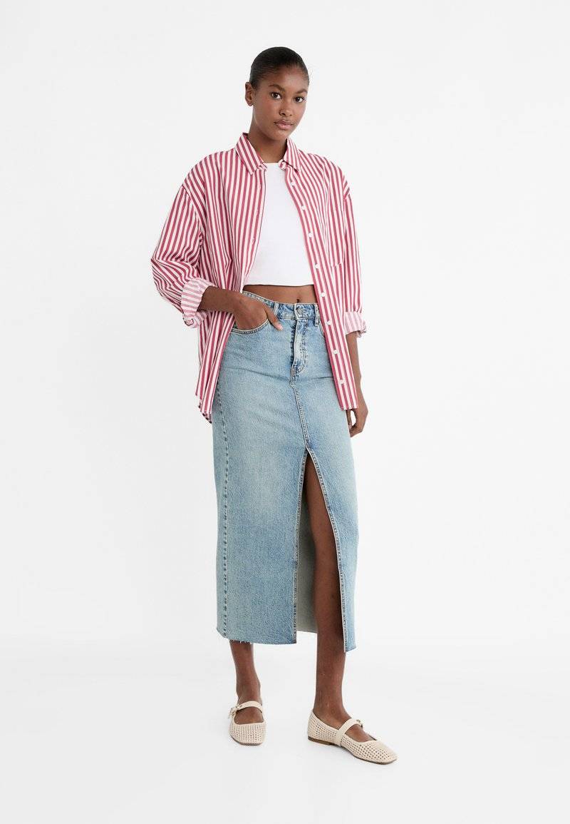Stradivarius Stradivarius IM COMFORT-FIT - Maxi skirt - stone blue denim Große Rabatte