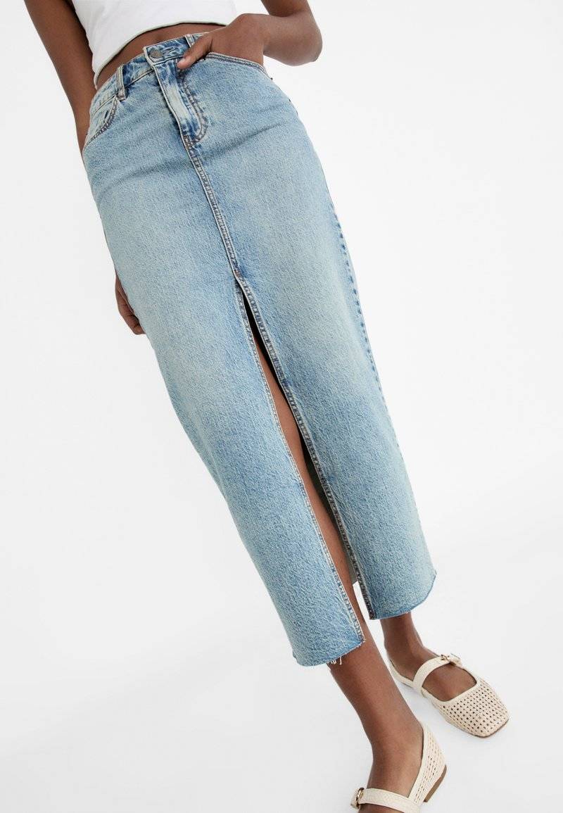 Stradivarius Stradivarius IM COMFORT-FIT - Maxi skirt - stone blue denim Große Rabatte
