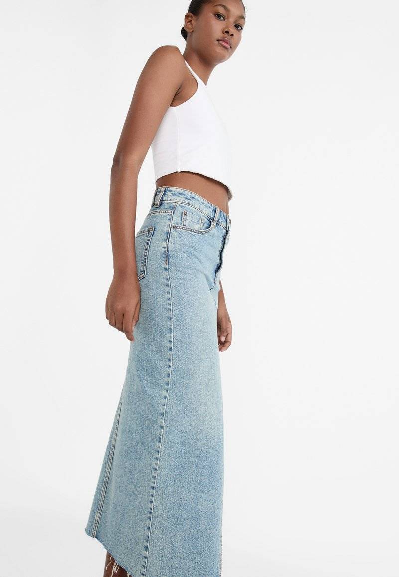 Stradivarius Stradivarius IM COMFORT-FIT - Maxi skirt - stone blue denim Große Rabatte
